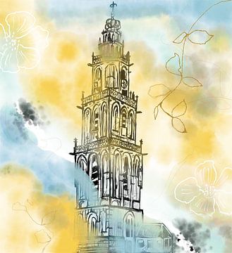 Martini tower Groningen misses watercolour by Janet Edens