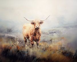 Scottish highlander cow in autumn landscape painting