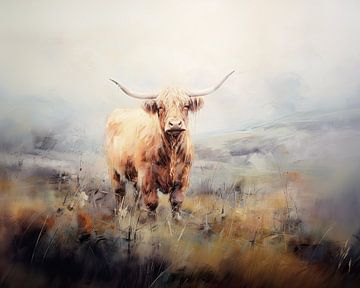 Scottish highlander cow in autumn landscape painting by Vlindertuin Art