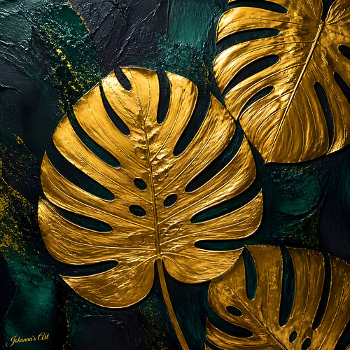 Verdant Gold Horizons - Monstera Deliciosa Leaves  1