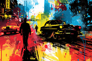 Paysage urbain dynamique avec explosions de couleurs