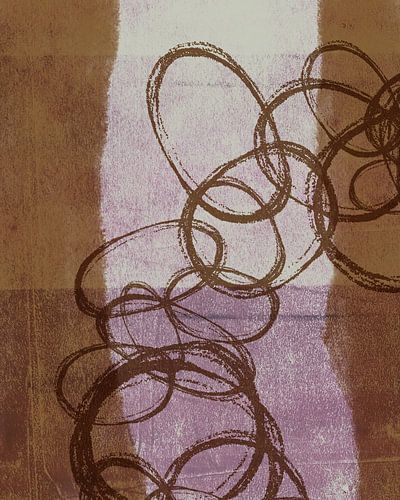 Organische vormen in bruin, terra, paars en lila.