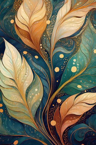 Behang met structuur en bladeren in groen en goud