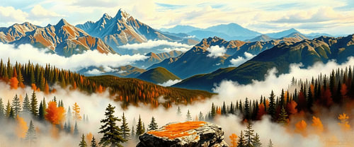 Brouillard au-dessus des montagnes – Silence d'automne sur AidasignArt