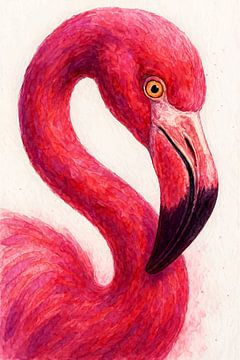 Leuchtend rosa Flamingo Nahaufnahme (AI) (Kopf, langer Hals, glücklich, exotisch, tropisch, Schnabel, Vogel) von Natalie Bruns