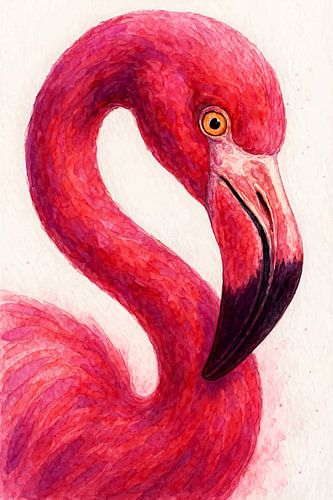 Fel roze flamingo close up (AI) (kop, lange nek, vrolijk, exotisch, tropisch, snavel, vogel, gedurfd, blikvanger, stoer, aquarel, schilderij)