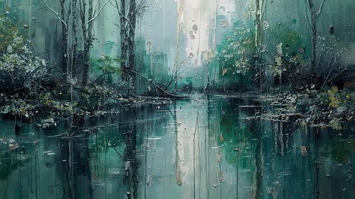 Abstract lake landscape in emerald green & silver