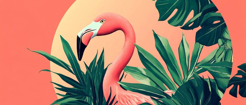 Flamingo between tropical leaves by Poster Art Shop