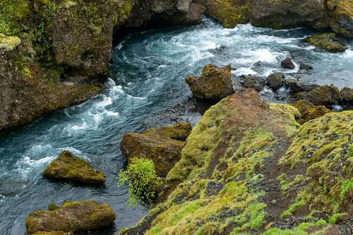 Flußbiegung in der Nähe des Skogafoss mit grün bewachsenen Felsen