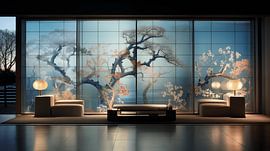 Kleurrijk interieur van de kamer met landschapsboom, transparantie en matglas effecten, kunstontwerp