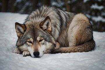 Slapende wolf in winterlandschap van De Muurdecoratie