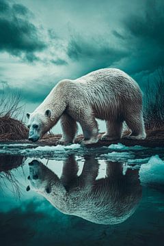 IJsbeer verkent reflecterend water van Poster Art Shop