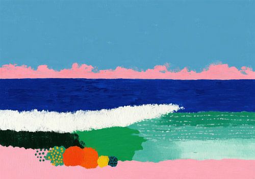 Kleurrijk zeegezicht met een roze strand
