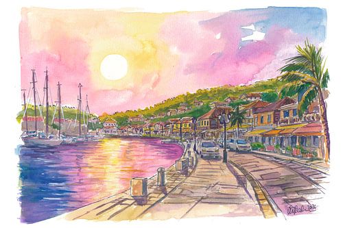 Gemälde des Hafens von Gustavia in St. Barth mit Nachmittagslicht