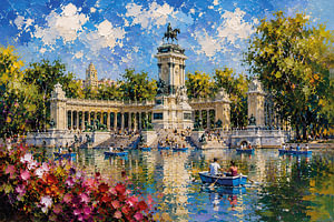 Ein Gemälde des Parque del Buen Retiro in Madrid, Spanien.