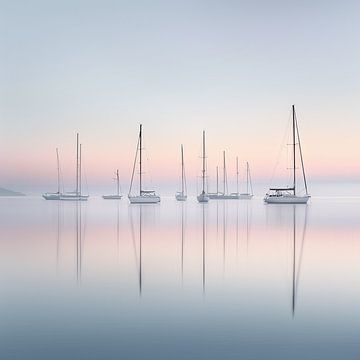 Creatieve Abstracte Afbeelding Van Zeilboten Op Een Dromerige Zee van Karina Brouwer
