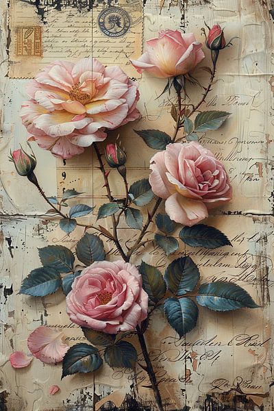 Elegante Rosen auf Vintage Brief Hintergrund von Poster Art Shop