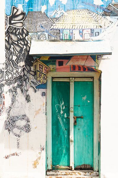 Turquoise wooden door surrounded by street art in Fort Kochi | Travel Photography Kerala, India by Travelaar