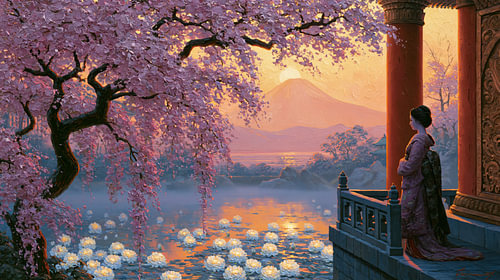 Geisha in Japan bei Sonnenuntergang über dem Fuji