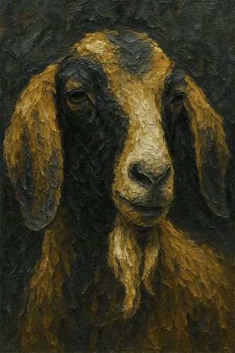 De ondeugende geit (Portret acryl schilderij grappig donker ingetogen rustig krachtig)