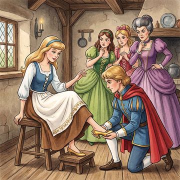 Prince fitting golden slipper on young woman's foot by Markus Gann