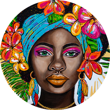 Caribische vrouw met bloemen van Happy Paintings