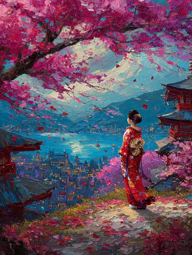 Oil painting of a geisha in a Japanese landscape