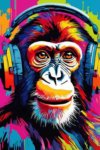 Kleurrijke aap met koptelefoon