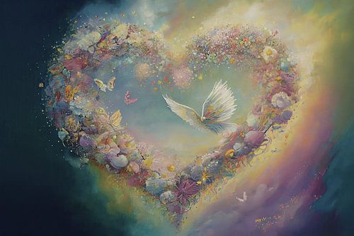 Le cœur, entouré de fleurs et de couleurs d'aura.