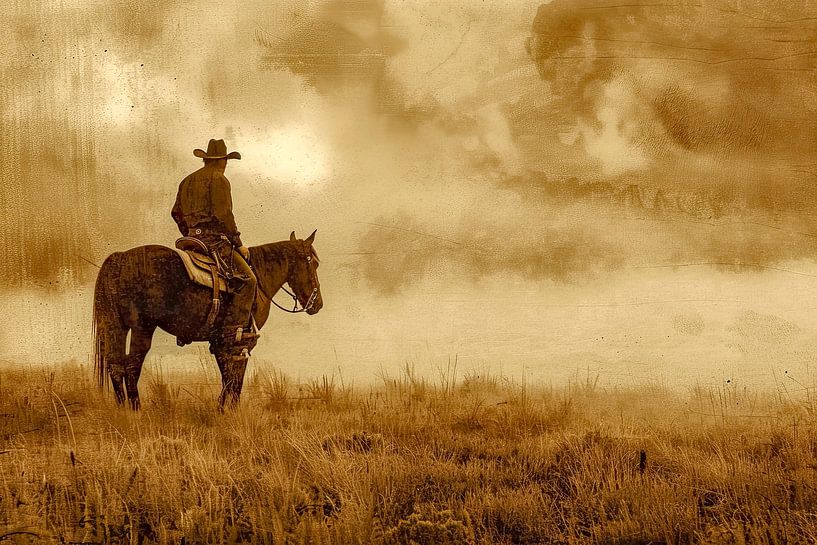 Cowboy on his horse in prairie America by Vlindertuin-Art