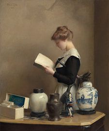 The House Maid (1910) by William McGregor Paxton. Portrait of a young woman reading a book by Dina Dankers