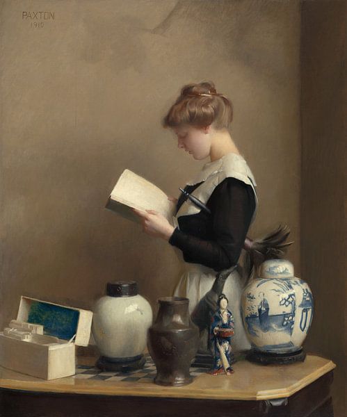 Das Hausmädchen (1910) von William McGregor Paxton. Porträt einer jungen Frau, die ein Buch liest von Dina Dankers