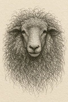 Draad portret moeder schaap (karakteristieke kop wol boerderij dier papier tekening rustige kleuren beige Boho)