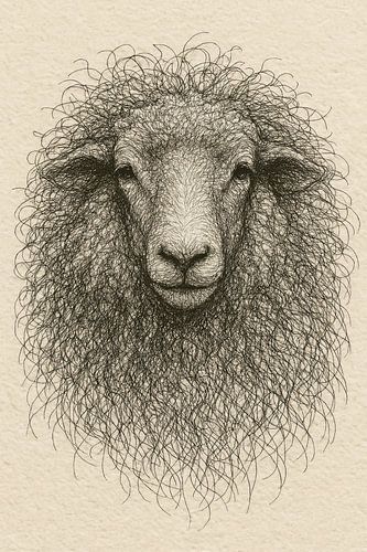 Draad portret moeder schaap (karakteristieke kop wol boerderij dier papier tekening rustige kleuren beige Boho)