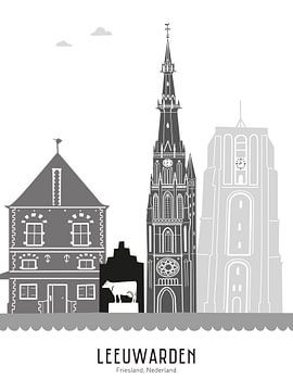 Skyline illustration city of Leeuwarden black-and-white-grey by Mevrouw Emmer