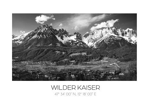 Wilder Kaiser met coordinaten | Grafische poster | zwartwit fotografie