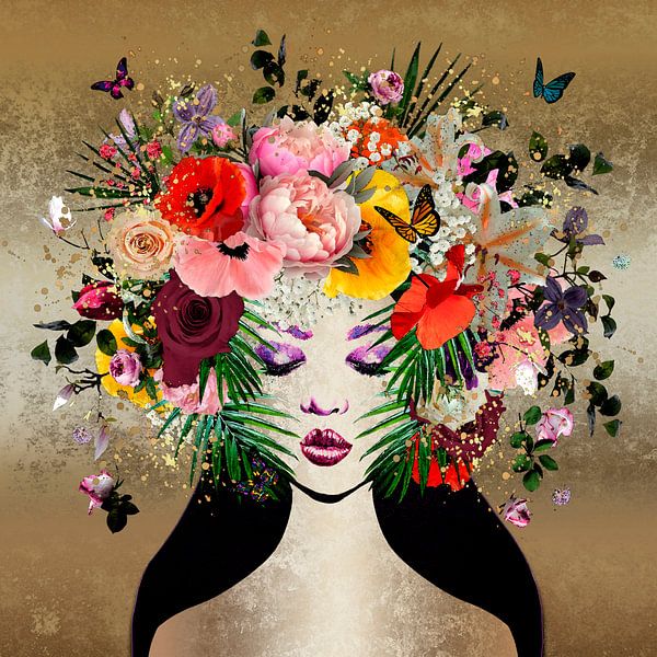 Woman with explosion of flowers in gold-1 by Studio Pieternel