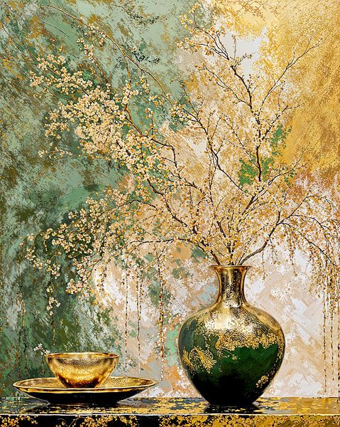 Vase, Tasse und Untertasse in Gold: Serie Aquarell Stillleben-5 von Studio Pieternel