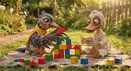 Ente und Vogelkind spielen mit Bauklötze im Garten
