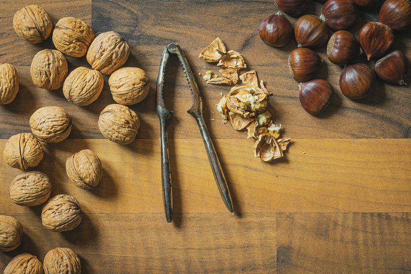 Nuts on wooden base by Jens Hertel