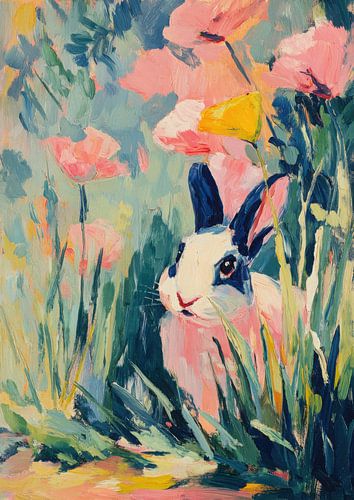 White rabbit cottagecore oil painting
