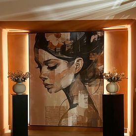 Klantfoto: Modern chic en abstract portret in aardetinten van Carla Van Iersel, als behang