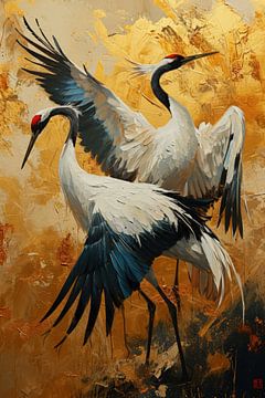 Twee kraanvogels dansend in het goud van Digitale Schilderijen