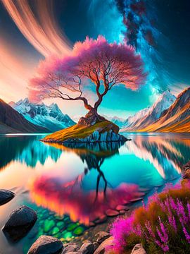 Traumlandschaft mit Berge und Baum von Mustafa Kurnaz