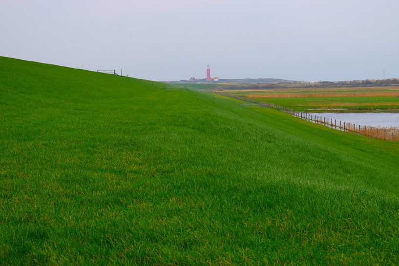 Green, grass-covered dyke on Texel with red lighthouse in the distance by Studio LE-gals