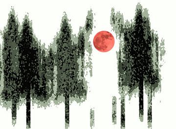 Rode maan tussen de bomen.