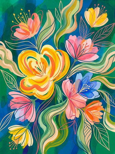 Des fleurs colorées aux lignes ludiques sur But First Framing