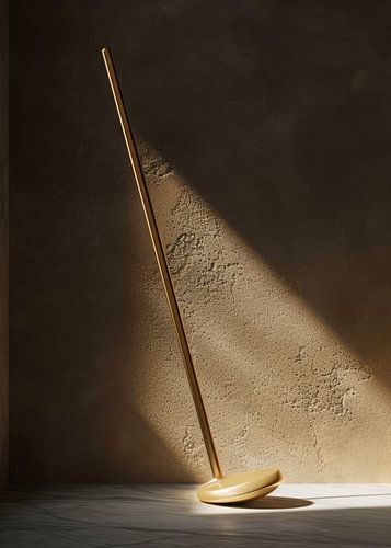 Minimalistische goldene Stehlampe mit schlankem Schaft und rundem Sockel