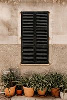Mediterrane gevel met zwarte luiken en terracotta bloempotten, Summer Vibes.