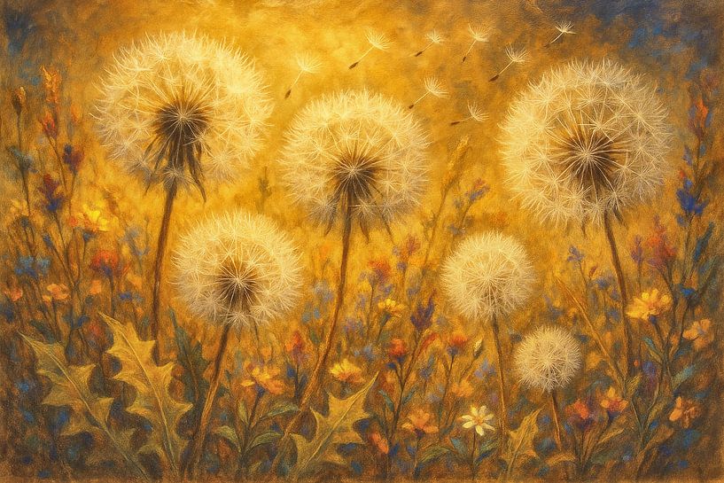 Paardenbloemen met paardenbloembladeren in warme kleuren van Claudia Gründler